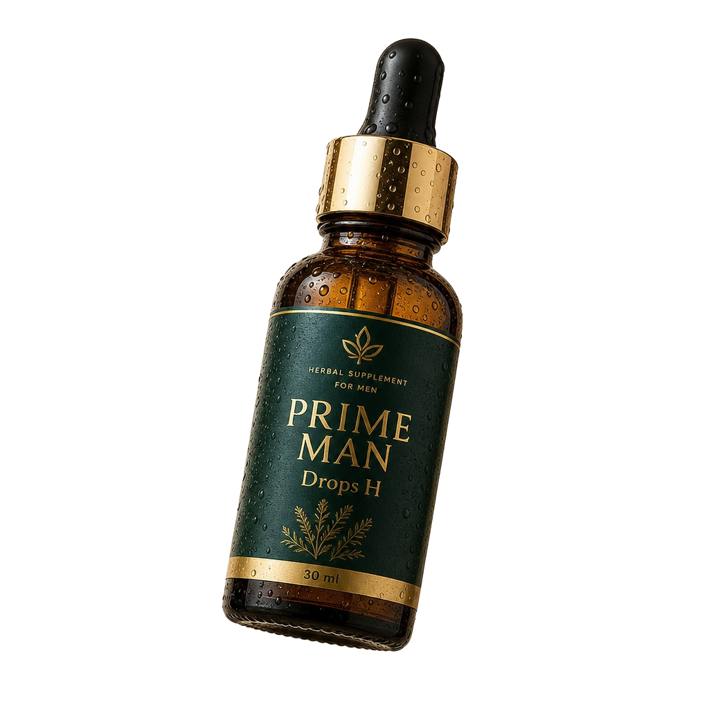 PRIME MAN Drops H 30 ml amber glass dropper bottle with green and gold label