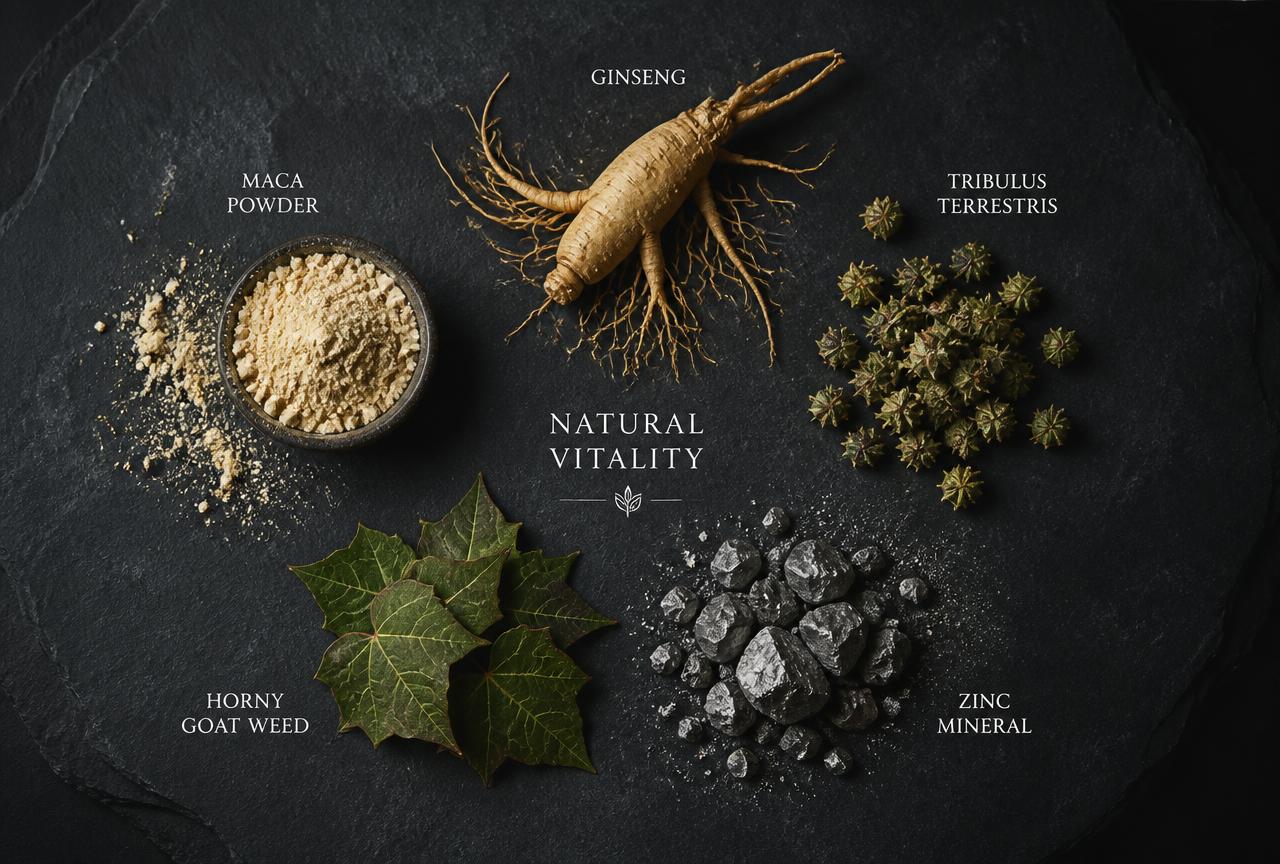 Botanical ingredients used in PRIME MAN Drops H: ginseng, maca powder, tribulus terrestris, horny goat weed and zinc