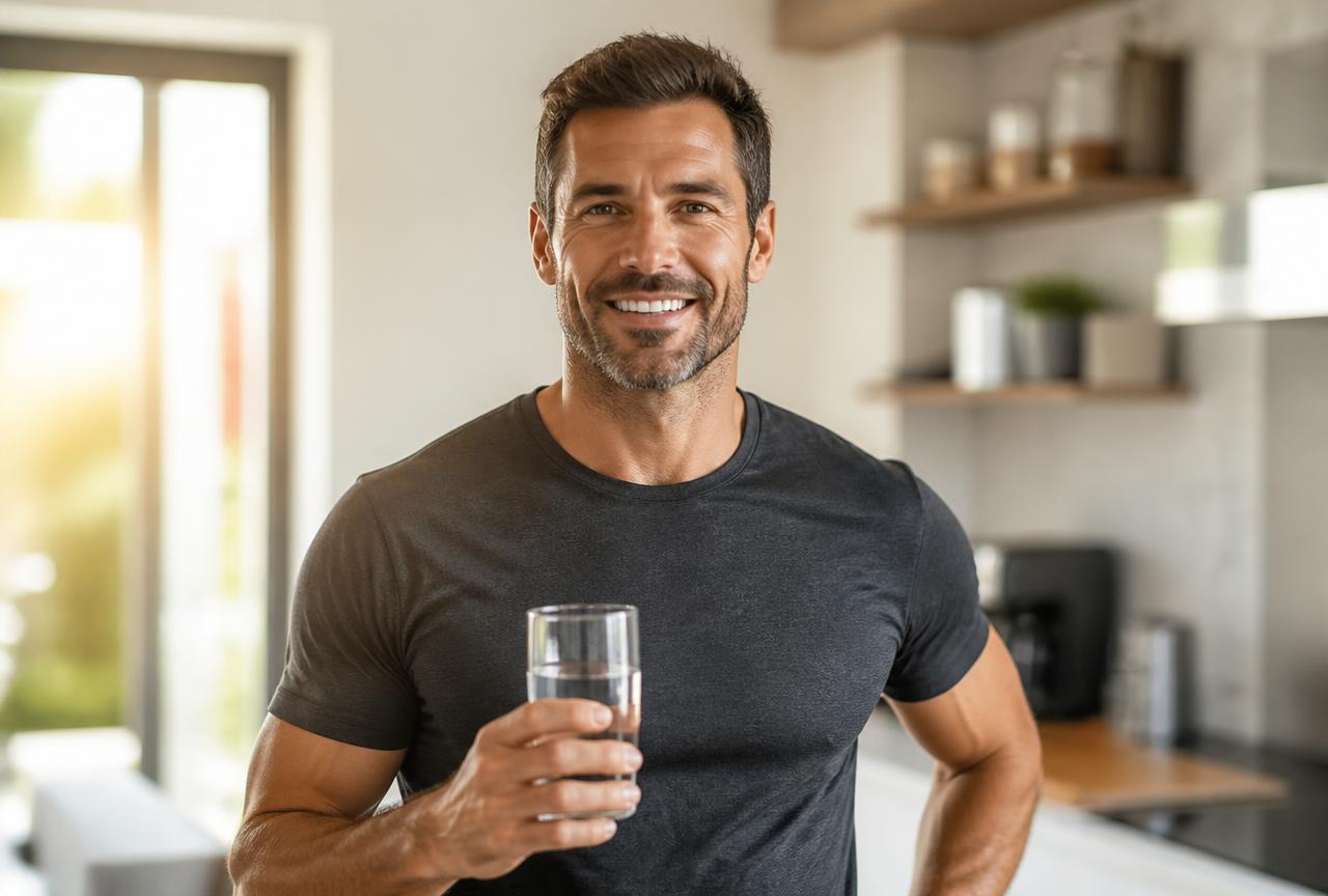 Man in his forties feeling energetic in the morning after taking PRIME MAN Drops H