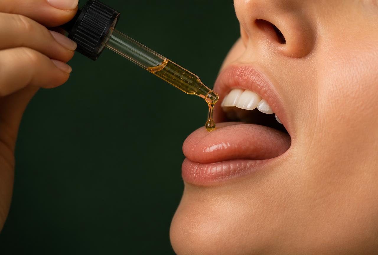 Sublingual use of PRIME MAN Drops H: golden liquid dispensed under the tongue with a glass dropper